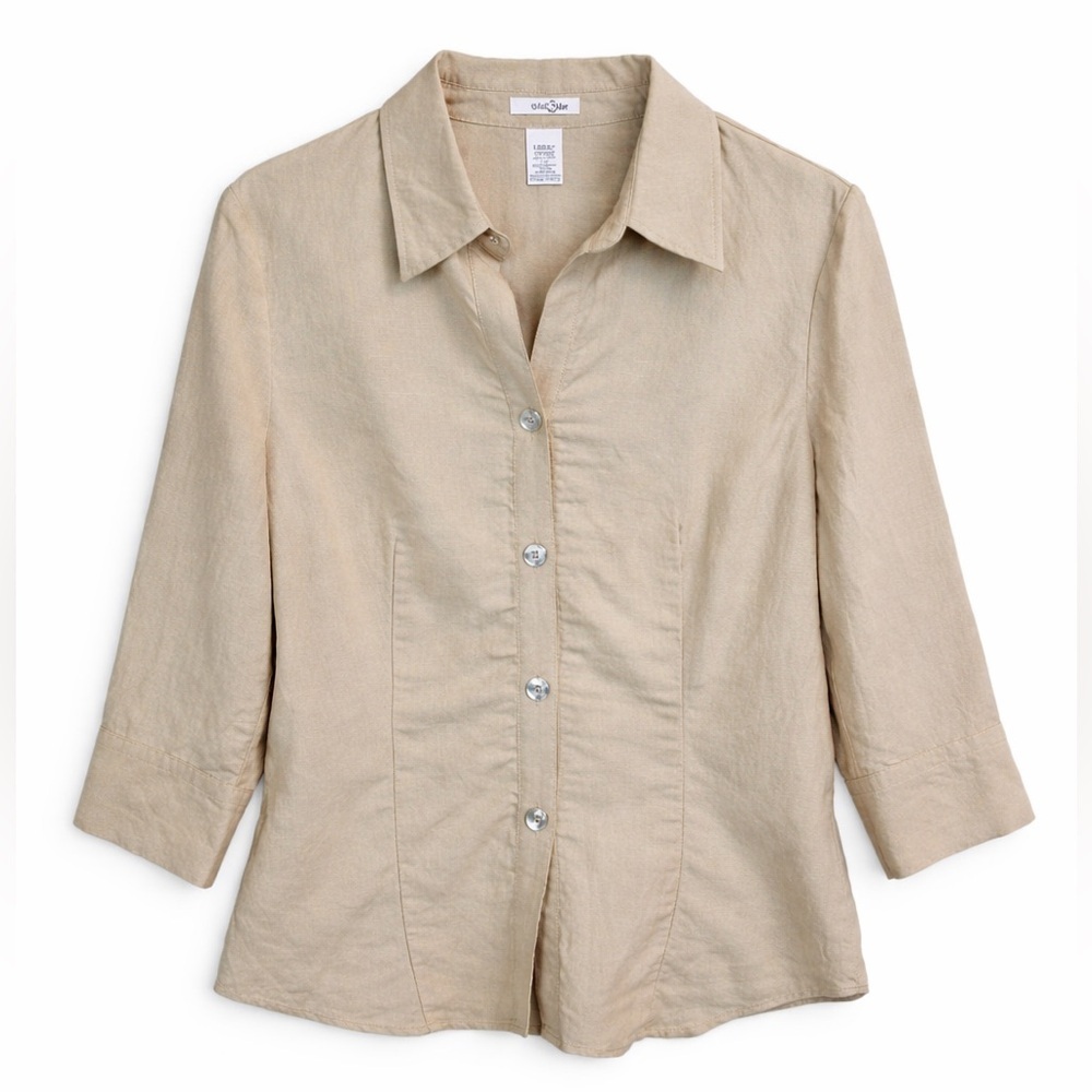 East 5th Womens Linen Blend Button Up Shirt L Beige Natural Minimalist Neutral